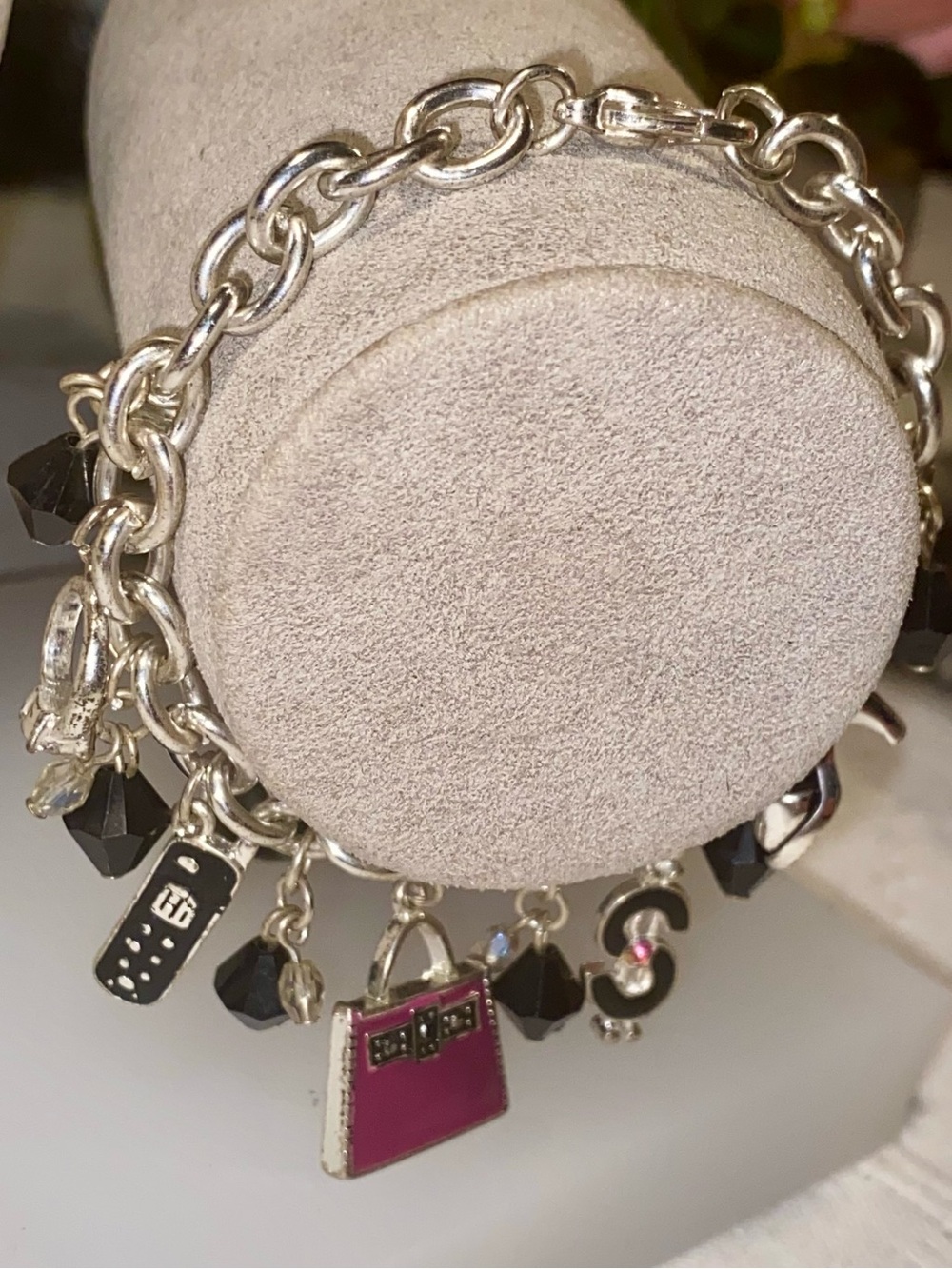 Silver Charm Bracelet with Black Beads and Pink Purse Charm